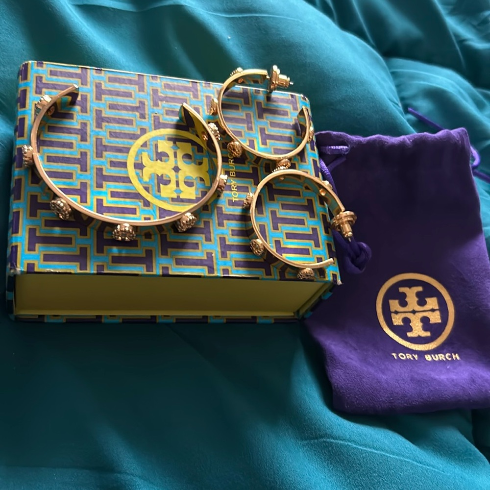 Gold Tory Burch Bracelet Cuff & Hoop earrings set